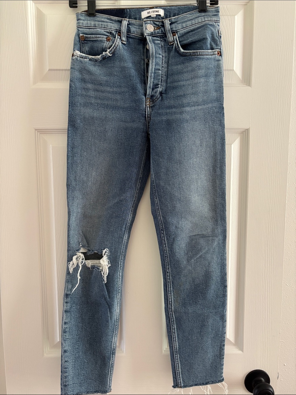Re/Done Distressed High-Rise Straight Jeans in Medium Blue Wash